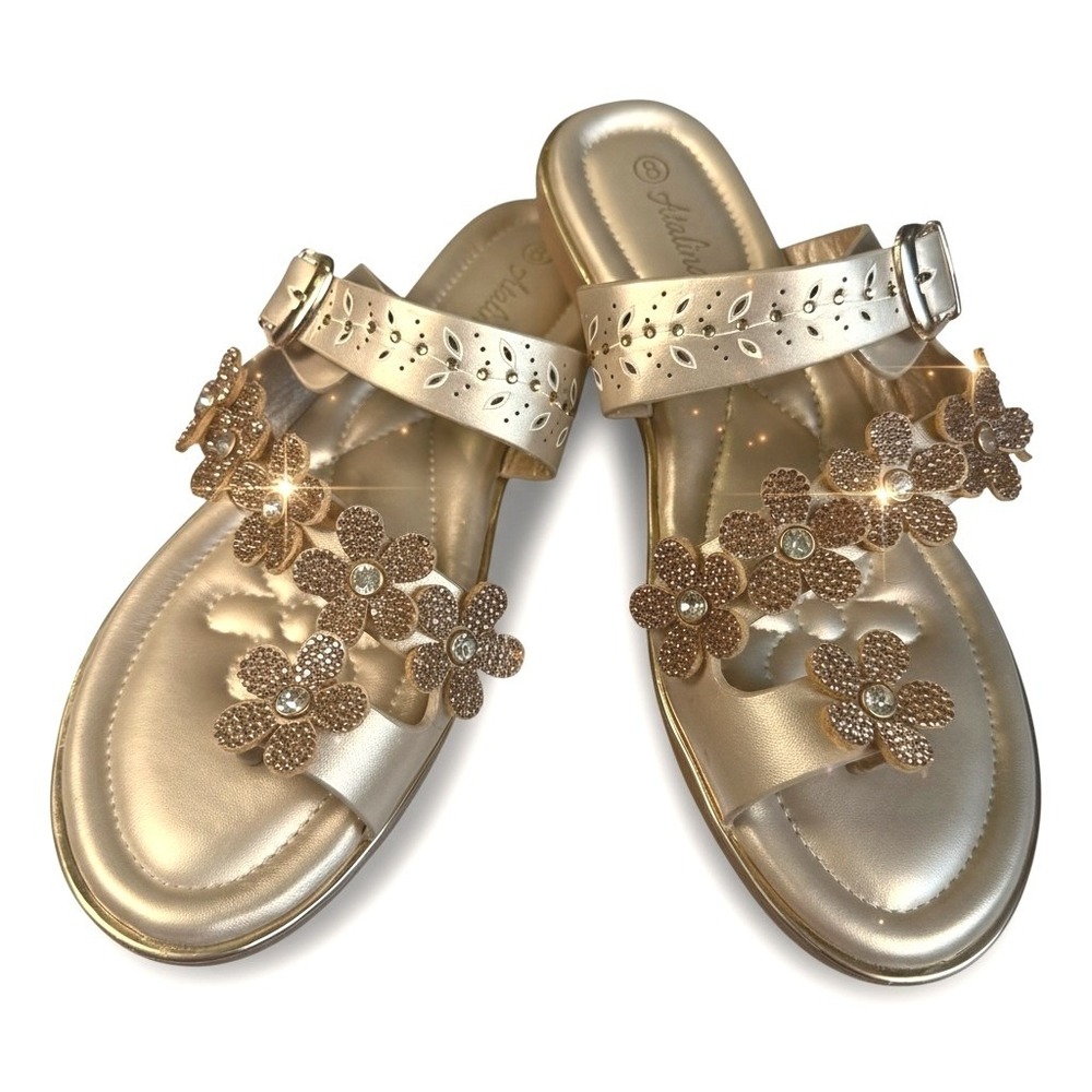 Womens Flower Rhinestones Thong Sandals Sz 8 Gold Summer Coquette Beach Vacation